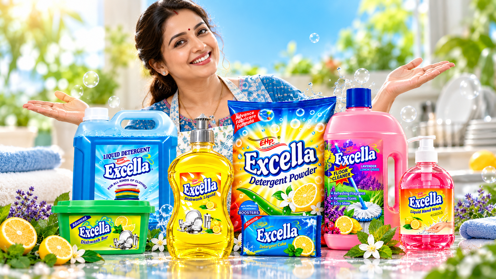 Excella cleaning essentials displayed with a woman in a bright home