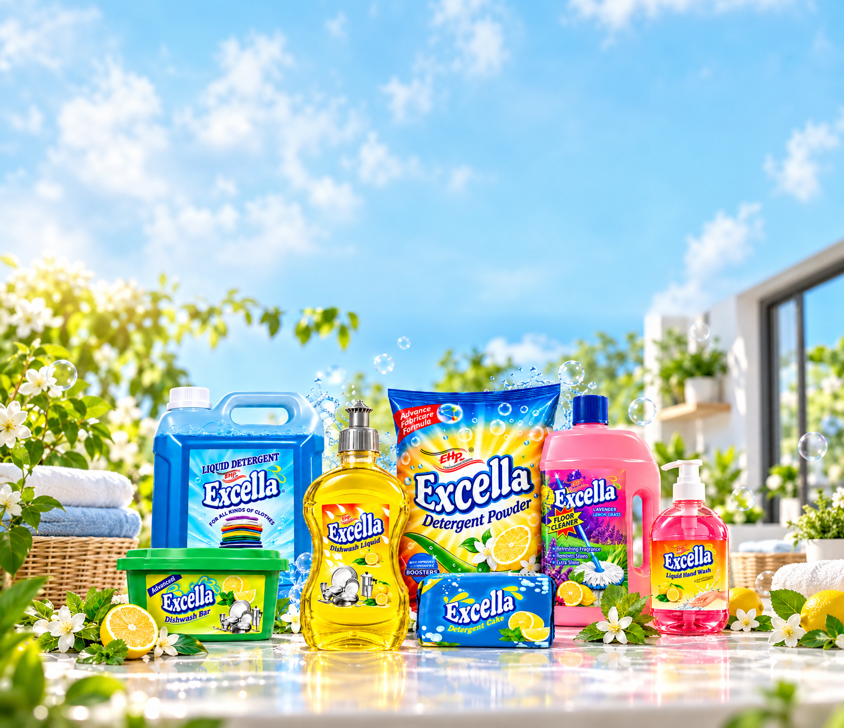 Excella floor cleaner, dishwash liquid, liquid detergent, detergent powder, detergent cake, handwash and dishwash bar in a fresh sunlit home product shoot